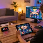 Enjoying the exciting 9bet casino experience on a tablet with cozy home ambiance