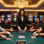 Engaged players at a VB88 poker table stack chips during an intense game in a luxurious casino.