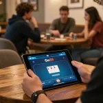 Engaging with Go 88 poker interface at a coffee shop, strategizing next move.