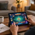 Engaging in gameplay on NOHU90 using a tablet in a cozy home setting, highlighting strategic gaming.