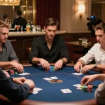 Players strategizing in a high-stakes poker game, showcasing giải mã số học tactics amid luxury casino ambiance.