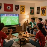 Nhóm người hào hứng xem bóng đá trực tuyến tại nhà với đồ ăn nhẹ và áo đấu.