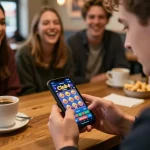 Player enjoying the hitclub4 casino app while engaged in mobile gaming at a coffeehouse
