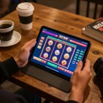 Player engaging with SC88 online casino app in a cozy cafe, showcasing vibrant slot graphics.