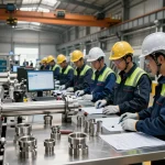 Engineers inspecting sumwin stainless steel pipes in a manufacturing plant.