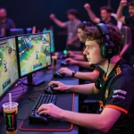 Gaming enthusiast focused on competitive debet gameplay in a vibrant esports arena.