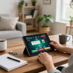 Engaging in online poker at fun 79 with tablet interface showing gameplay and betting strategies in cozy home setting.