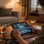 Miso88 player engaged in online gaming with tablet in a cozy setting, capturing the essence of responsible gambling.