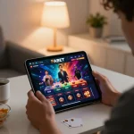 Engaged gamer explores FABET casino games on a tablet in a cozy home setting.