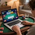 Engaged player enjoying qq 88 gameplay on a laptop in a cozy home setting, focused on winning strategies.