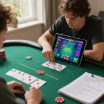 Player analyzing their poker hand on QQ 88 app in a cozy home setting, emphasizing strategic gameplay.
