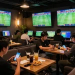 Kèo Nhà Cái strategies highlighted in an energetic sports betting lounge with live match screens and excited bettors.