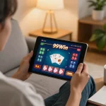 Play engaging 99Win online casino games on a cozy sofa with a tablet.