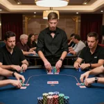 Players engaged in competition at high-stakes poker table for 58 win in a luxurious casino environment