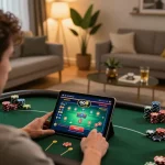 Player enjoying go8 casino gaming on tablet in cozy living room with engaging atmosphere.