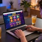 Engaged player enjoying QQ88 casino's online games in a cozy home setup with laptop.