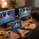 Engaging online player exploring FIVE88 gaming strategies during a cozy home gaming session