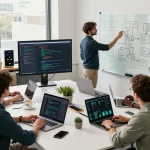 Collaborative software development team using Techsslaash com in a modern workspace