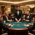 vipwin players engaged in intense blackjack strategy within a luxurious gaming room atmosphere.
