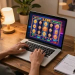 Engaging online gambling moment at LC88 with a player immersed in an exciting game on their laptop.