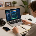 Engaged user placing a sports bet online with DEBET on their laptop in a cozy home setting.
