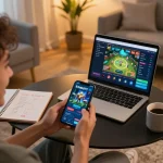 Player enjoying the ssbet77 mobile app for online gaming in a cozy home setting.