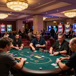 Exciting moment at a casino where players engage around poker tables while enjoying VK88 gaming strategies.
