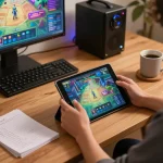 Engaging with game nổ hũ on a tablet, showcasing an interactive online gaming experience