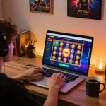 Player immerses in F168 online casino gaming with vibrant slot interface and cozy atmosphere.