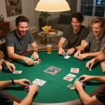 Friends enjoying a Texas Hold'em game at home, showcasing the excitement of vin88 poker nights.