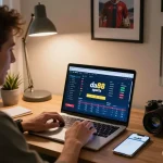 Securely placing bets on da88 sports platform with excitement in a stylish home office