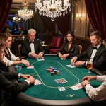 Experience high-stakes poker at iwin club's luxurious gaming lounge with elegant players and vibrant chips