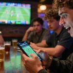 Excited sports betting on smartphone while analyzing live game stats at 98win9 sports bar