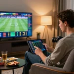 TIP88 user placing sports bets online while watching live action in a stylish home setting.