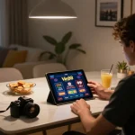 Engaging online gambling with Vin88 on a tablet in a cozy home setting