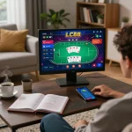 Engaging in online betting on LC88 while comfortably seated at home, showcasing a vibrant poker game interface.