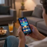 Engaging in online casino gaming with lv88 app on smartphone, showcasing a vibrant home setting