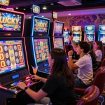 Excited players celebrating a Lucky 88 casino slot machine win, showcasing vibrant gaming atmosphere.