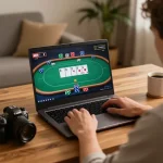 DABET player enjoying strategic online poker gaming experience at home desk.