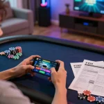 Player engaged with F168 casino app on their smartphone in a cozy gaming setup.