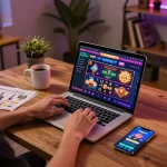 Engaging online gaming moment at F8bet casino with a player focused on the laptop interface.