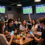 Exciting zbet sports betting lounge with engaged customers and vibrant atmosphere.