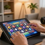 Engaging 78win đăng nhập scene with player using tablet for online slots, cozy home atmosphere.