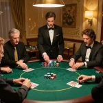 Kong88 poker players strategizing in an upscale game, chips and cards in action.