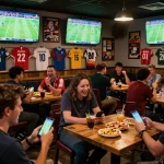 Engaged patrons analyzing odds on their mobile devices at a sports betting venue while enjoying live matches.