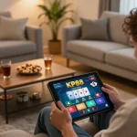 Player engaging in exciting online casino at KP88 while relaxing on sofa