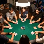 C168 players engaged in a poker game at home, exhibiting focused excitement and camaraderie.
