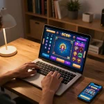 Player engaged in sc88 online gambling with vibrant gaming interface during a cozy home gaming session.