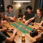 Friends enjoying a lively Tài Xỉu game at home, showcasing excitement and strategic gameplay
