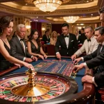 Experience thrilling gameplay at 78winbiz with players excitedly engaged at a sophisticated roulette table.